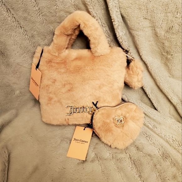 Juicy Couture Blush Pink Furry Mini Tote & Heart Furry Coin Purse Bundle NWT - Picture 1 of 11